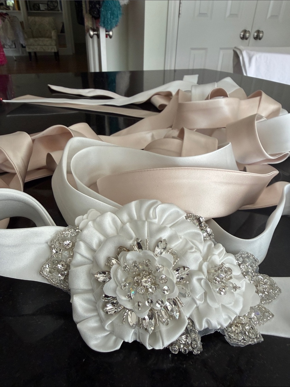 Satin Floral Crystal Bridal Sash Belt - White and Blush